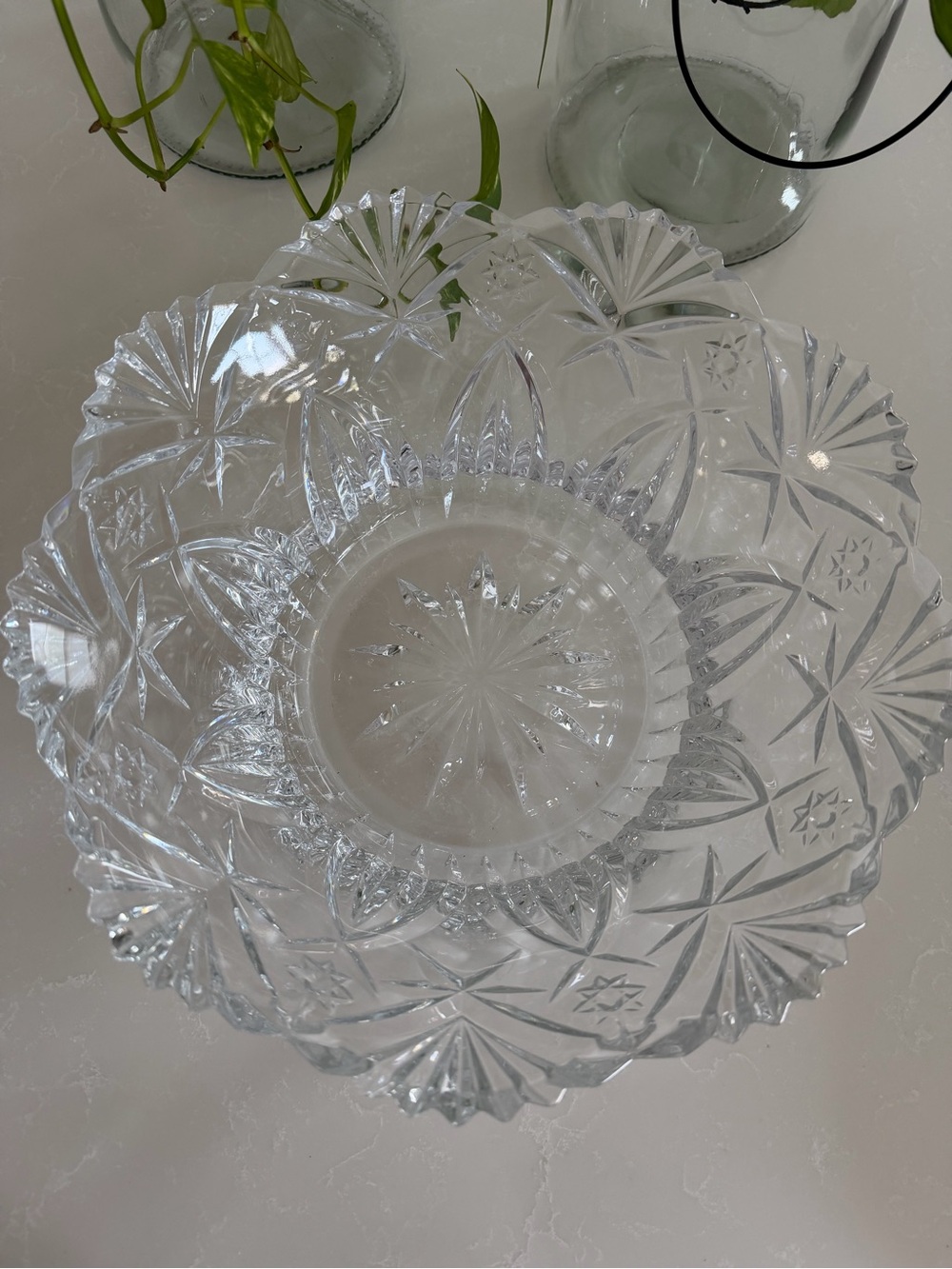 Vintage Cut Crystal Glass Serving Bowl 11” Starburst Scalloped Fruit Bowl NWOT